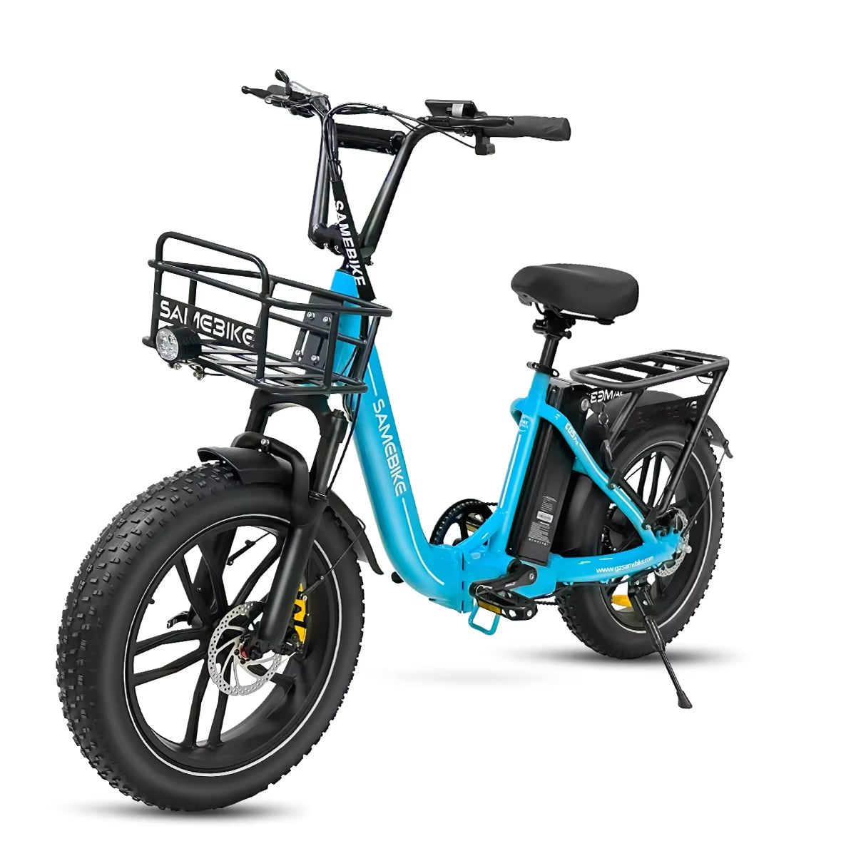 Sky Blue electric bike with black frame and tires on a white background