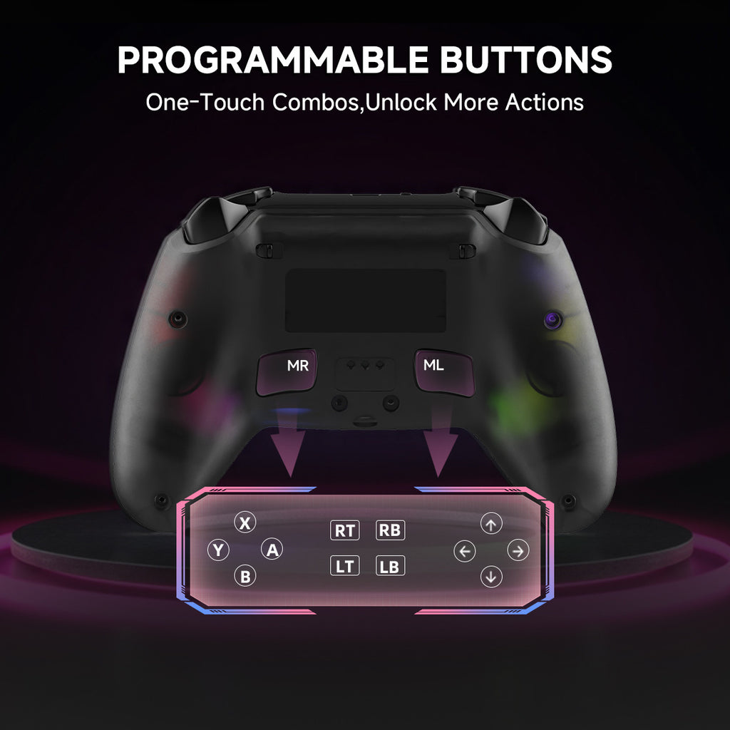 Rear view of wireless controller showing programmable macro back buttons and textured grip