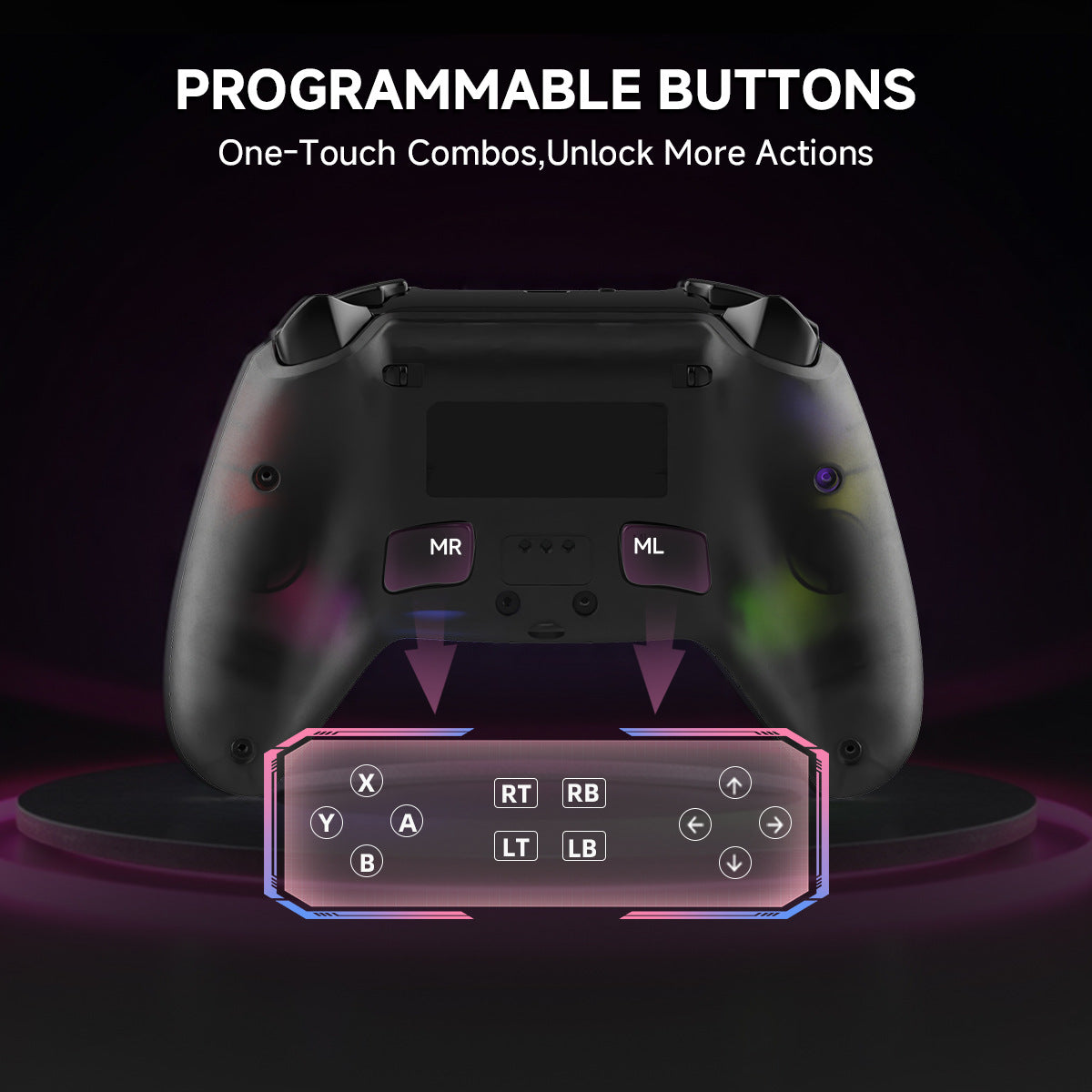 Rear view of wireless controller showing programmable macro back buttons and textured grip