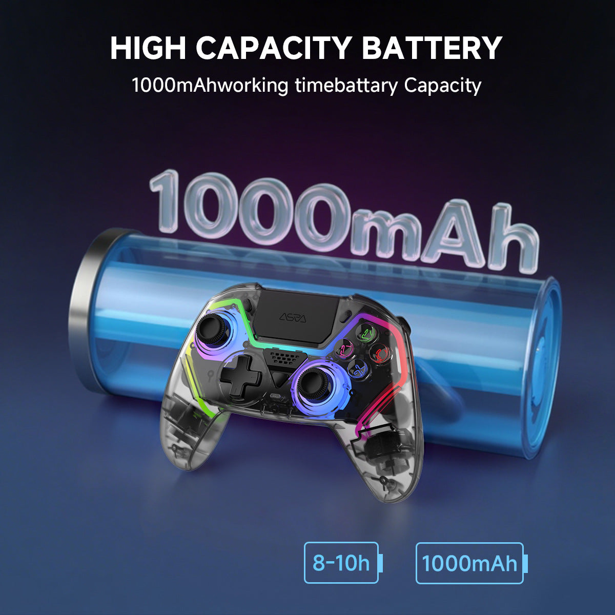 Rechargeable wireless gamepad featuring integrated 1000mAh battery for extended gaming sessions