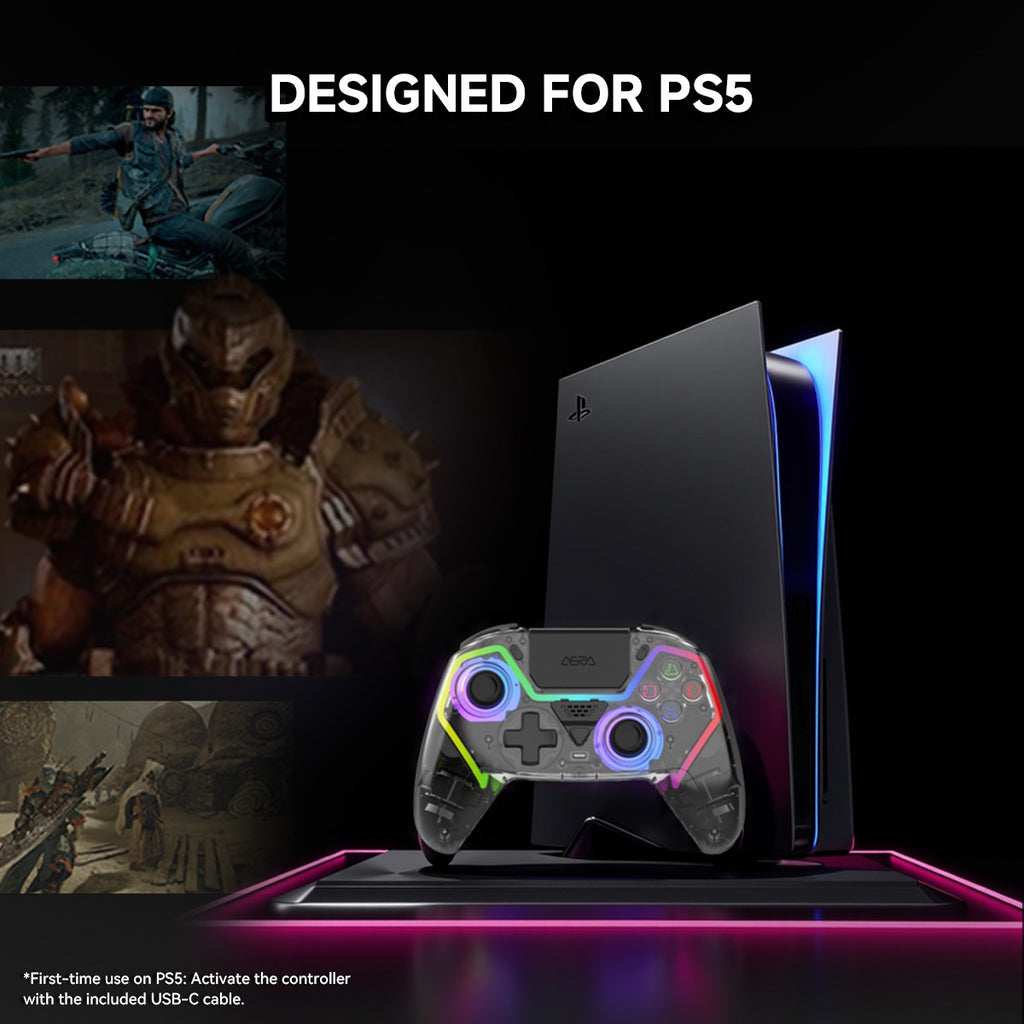 Wireless PS5 compatible controller setup displayed alongside a PlayStation 5 console