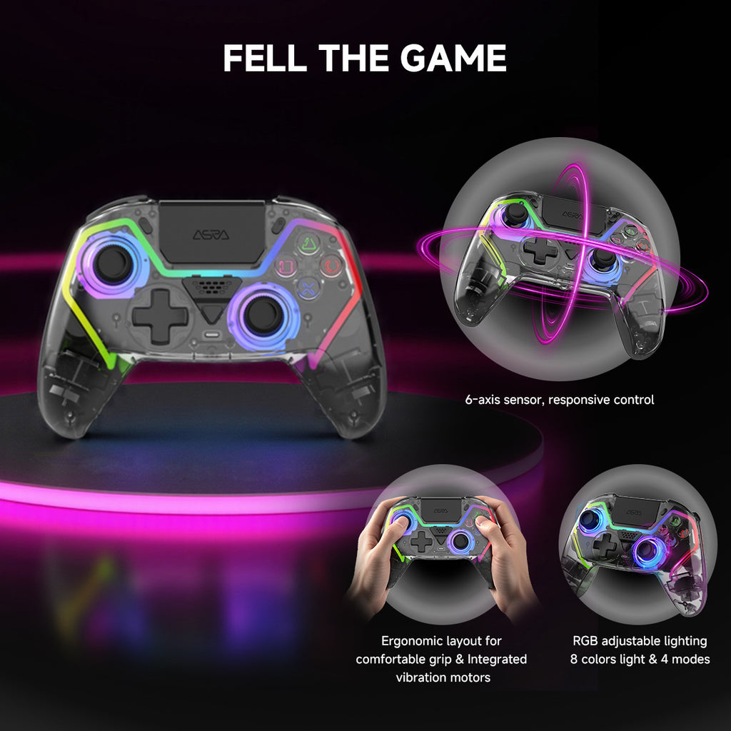 Transparent RGB gaming pad highlighting dual rumble vibration motors and 6-axis gyroscope motion sensing