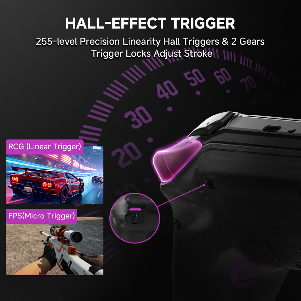 Close-up of hall-effect linear trigger button for precision pressure response in gaming