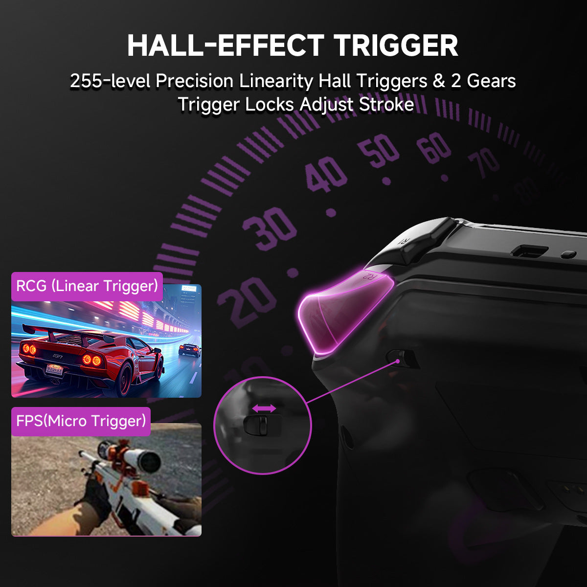 Close-up of hall-effect linear trigger button for precision pressure response in gaming