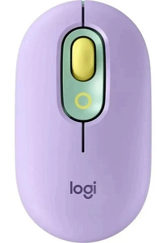 Purple computer mouse with a yellow scroll wheel on a white background