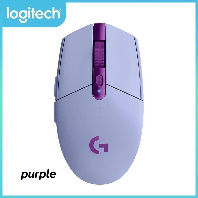 Purple Logitech gaming mouse on a white background