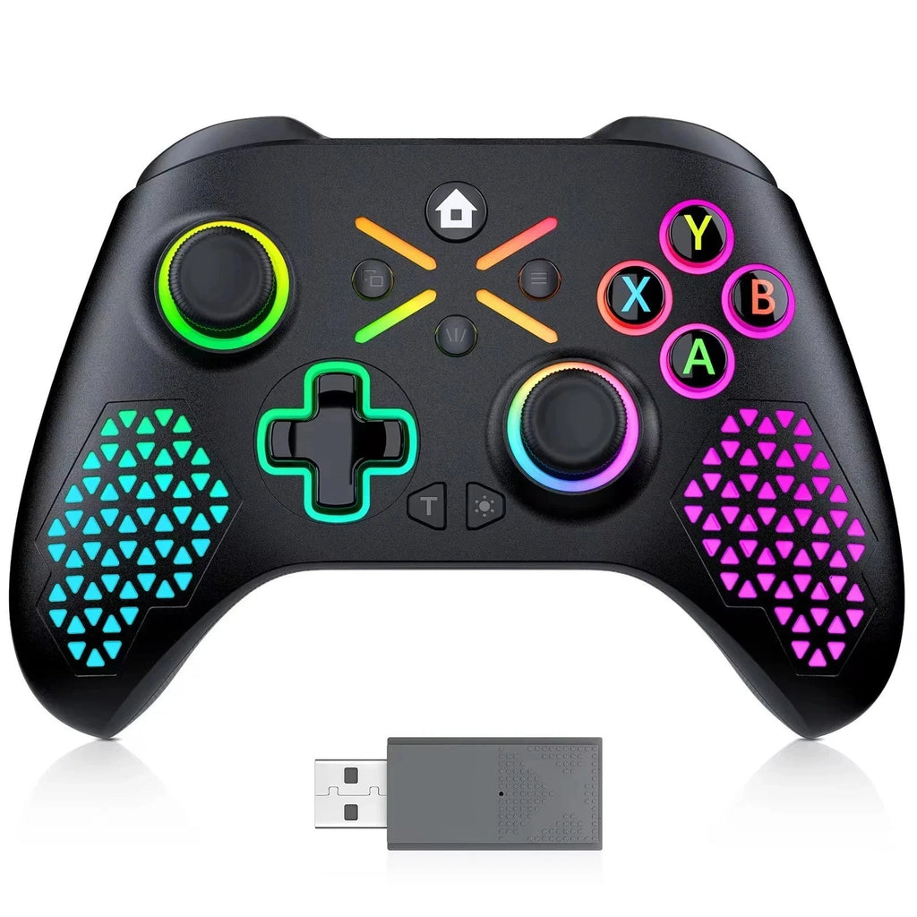 Black gaming controller with colorful buttons and a USB receiver on a white background