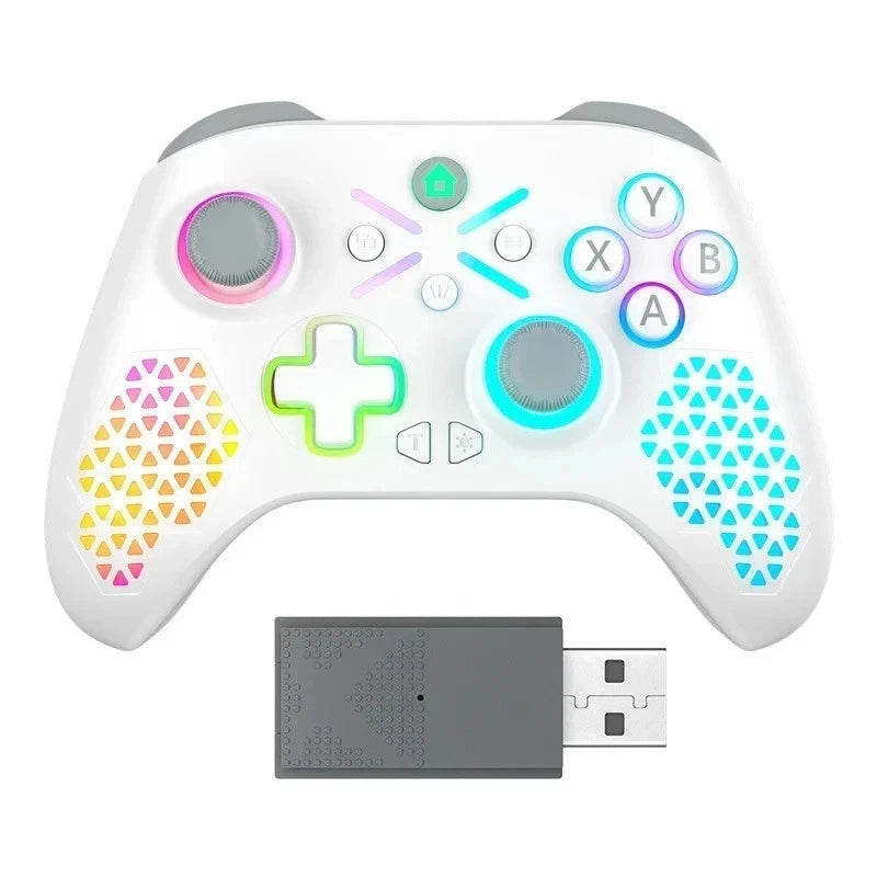 White gaming controller with colorful buttons and a USB receiver on a white background