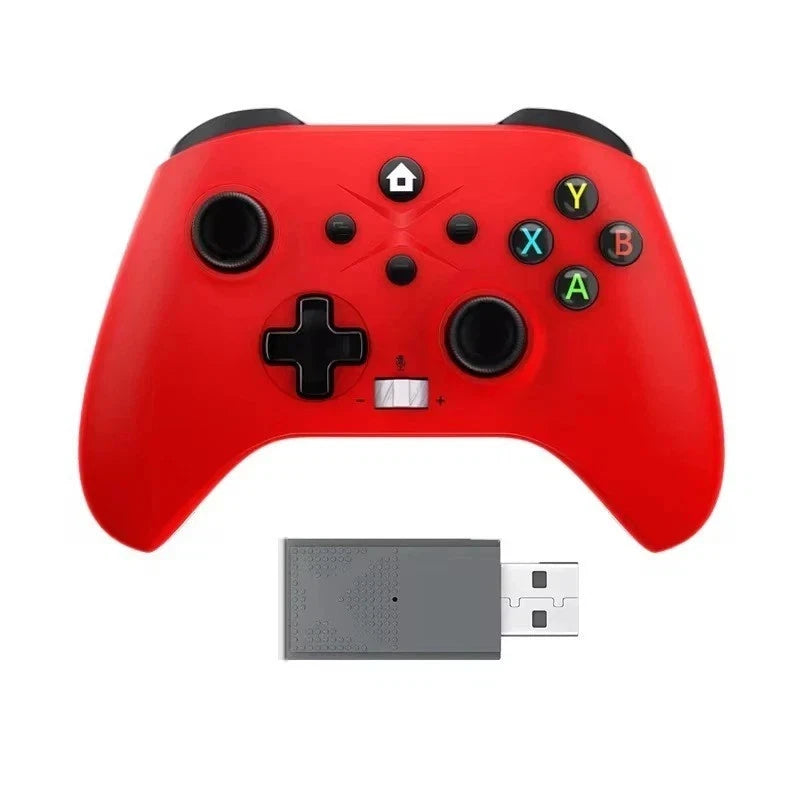 Red gaming controller with wireless receiver on a white background