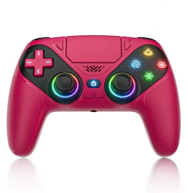 Red gaming controller with colorful buttons on a white background