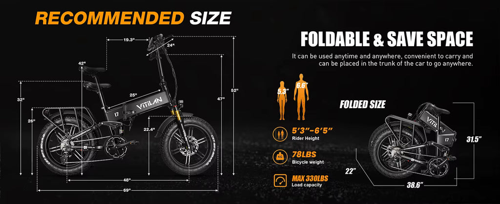 Diagram of a Vitilan i7 Pro 3.0 foldable electric bike with dimensions and features on a black background