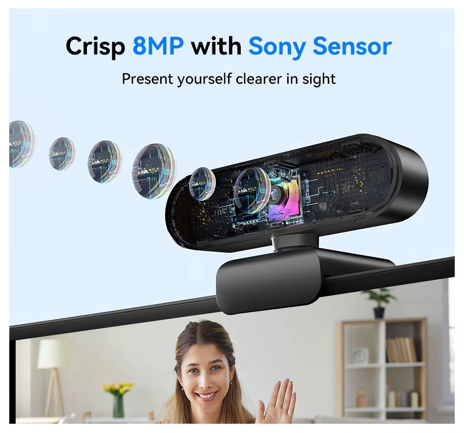EMEET 8MP USB webcam with Sony sensor transparent lens diagram highlighting crisp 4K optical camera components