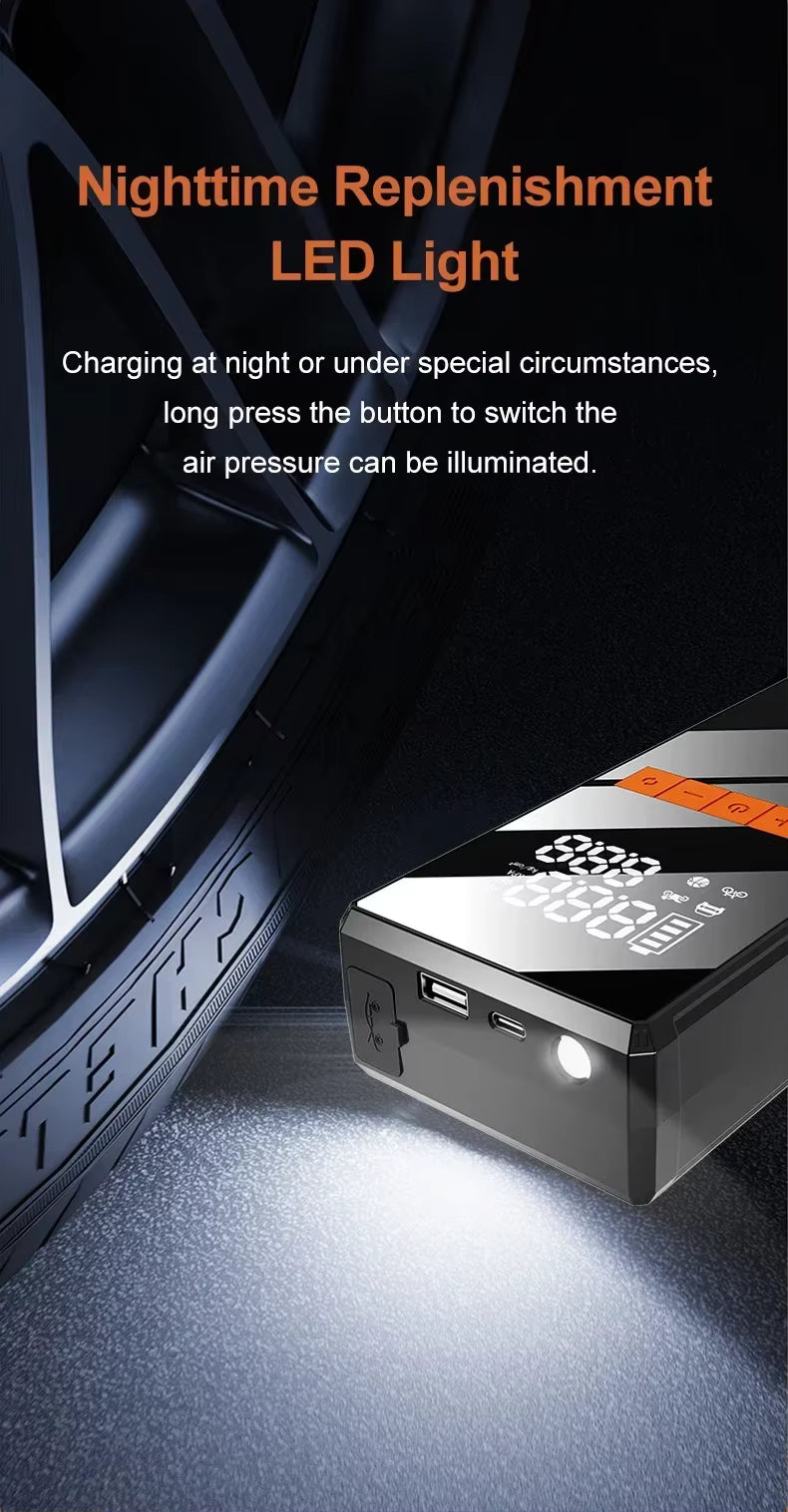 Built-in nighttime emergency LED work light illuminating a tyre inflation scenario