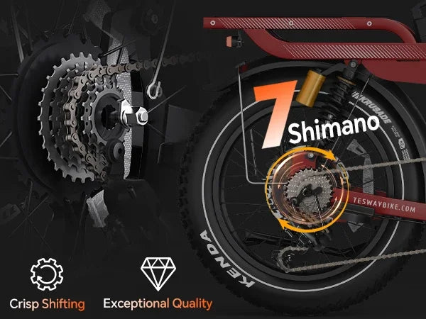 Close-up of a bicycle gear system with Shimano branding and Kenda tires for the TESWAY X5 AWD on a dark background.
