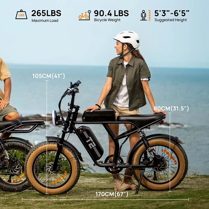  URLIFE T2 Electric Bicycle with a Woman standing next to the e-bike with measurements displayed, set against a scenic background.
