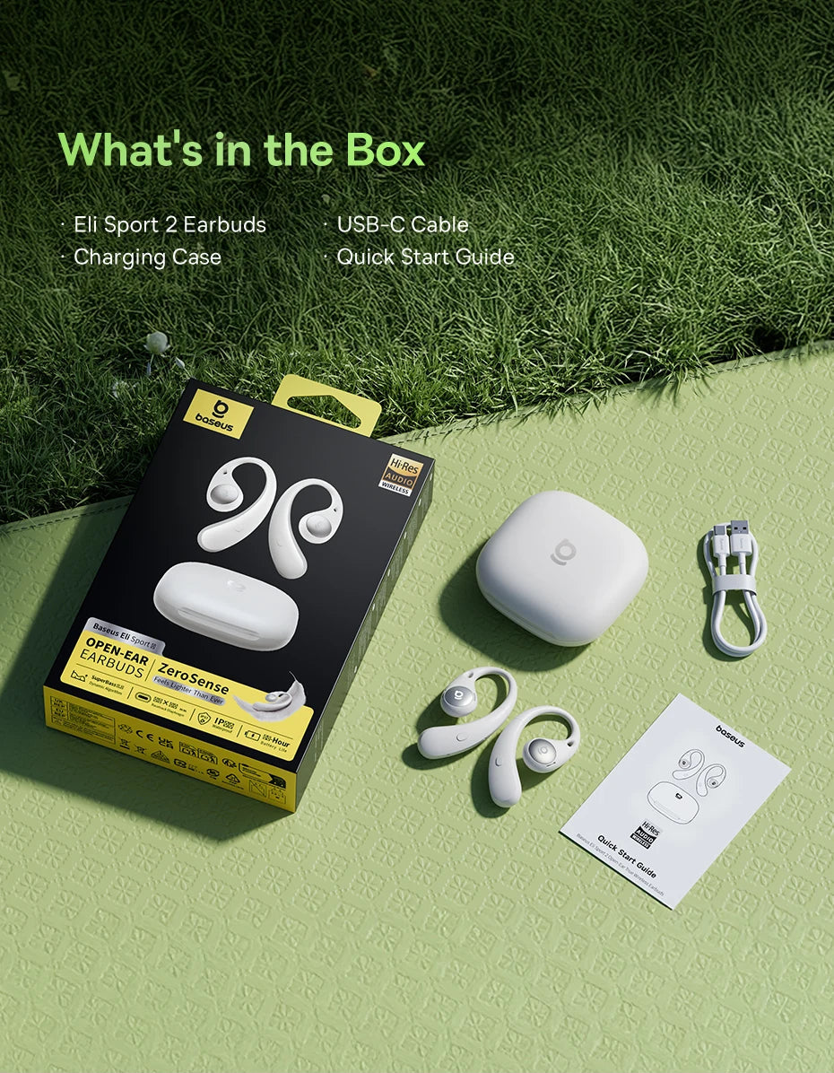 Baseus Eli Sport 2 Open-Ear Wireless Earphones packaging with earbuds, charging case, USB-C cable, and quick start guide on a grass background.