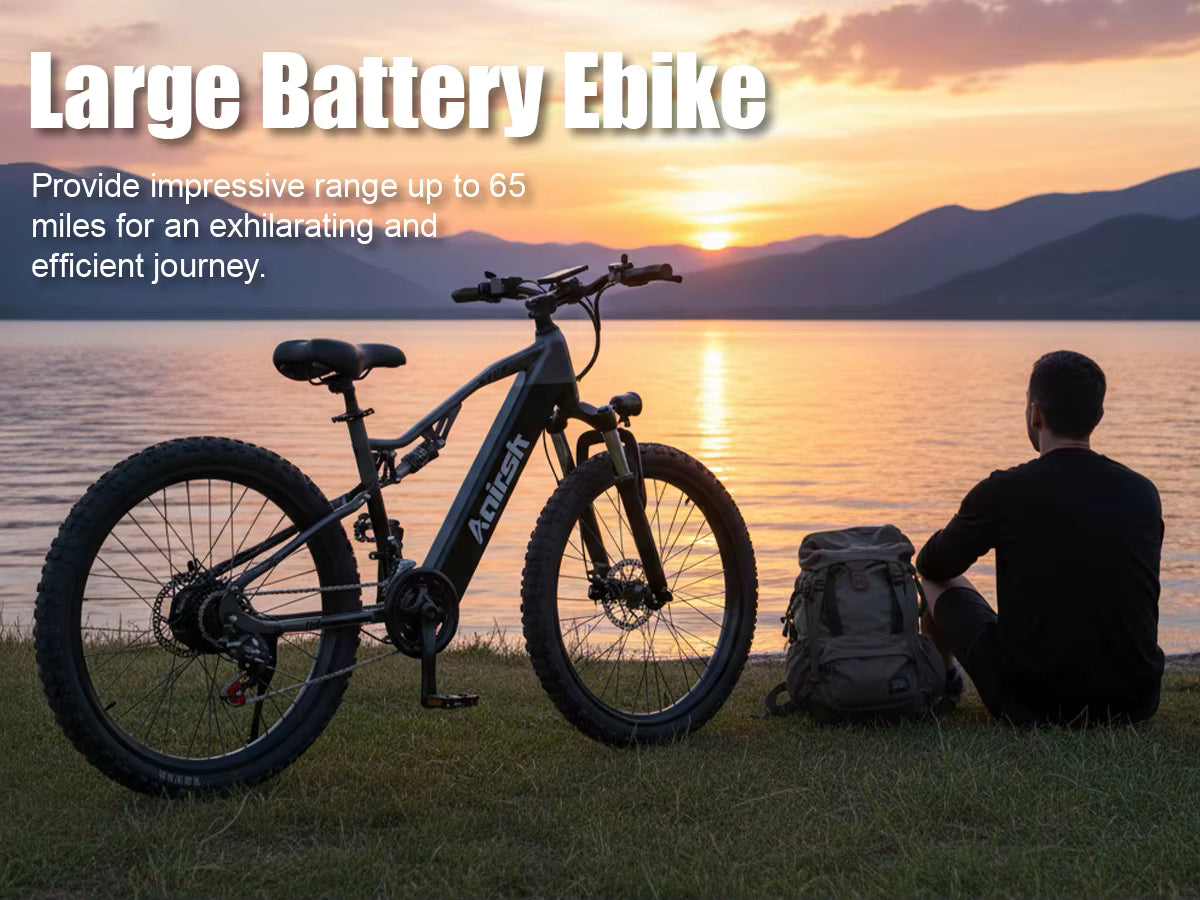 Electric bike by a lake with a person sitting and a sunset in the background