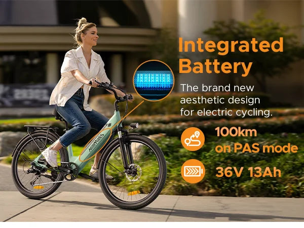 Woman riding an electric bike with promotional text about battery capacity and design.