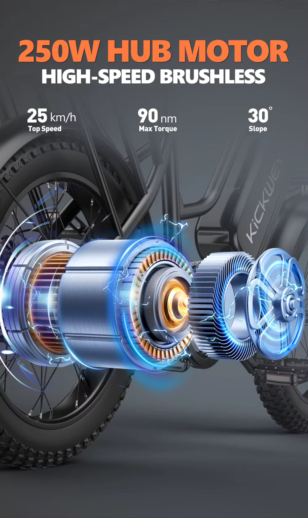 250W hub motor with specifications on a dark background