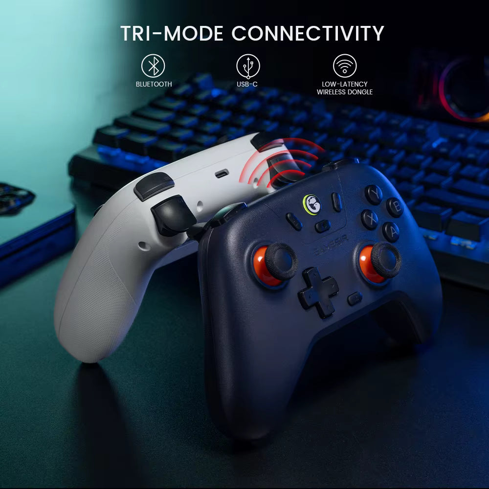 GameSir Nova Lite showing tri-mode connectivity via Bluetooth, USB-C, and low-latency wireless dongle