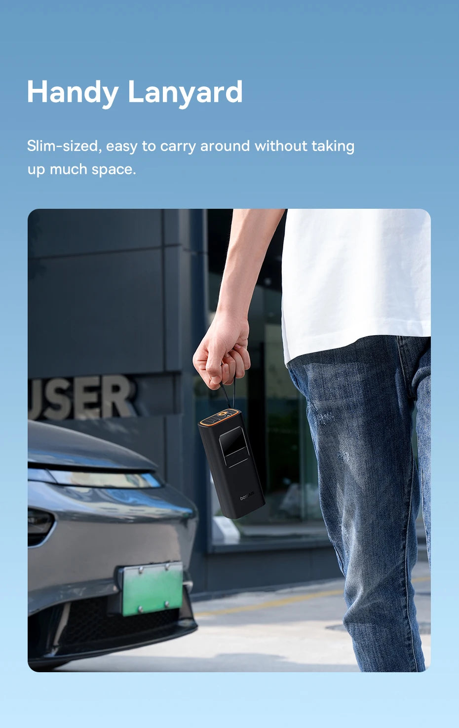 Person holding a small black device with text about a 'Handy Lanyard' on a blue background.
