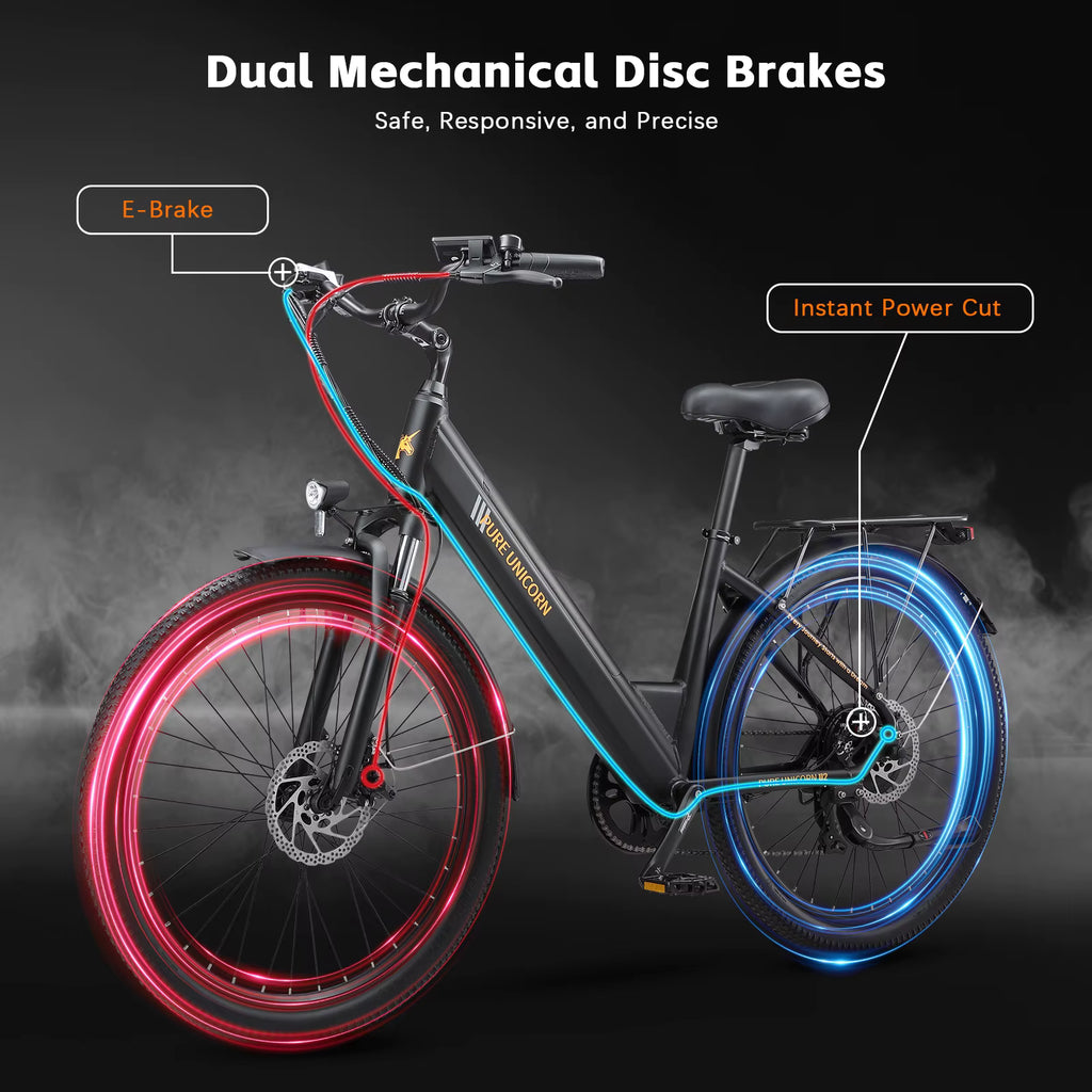 PURE UNICORN U2 Electric bicycle with dual mechanical disc brakes highlighted on a dark background