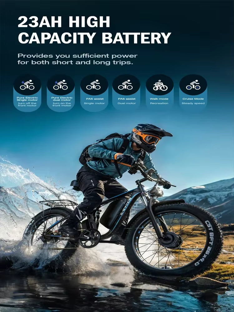 Person riding a  E‑BYCCO EB7 Pro electric bike in a mountainous area with text about high capacity battery.