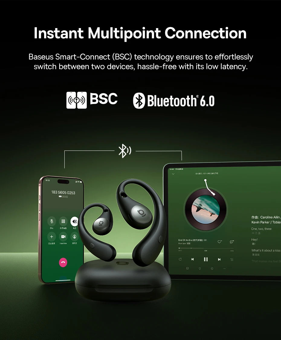 Bluetooth earbuds with charging station, smartphone, and tablet on a dark background with text about BSC and Bluetooth 6.0 technology.