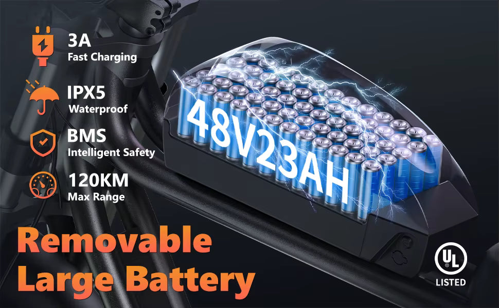 Removable large battery pack with specifications on a dark background