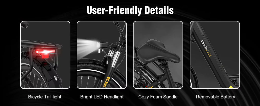 Close-up breakdown of rear rack, LED taillight, and removable battery slot