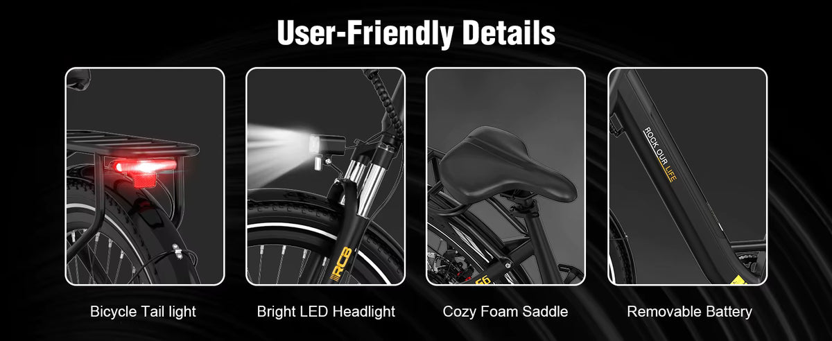 Close-up breakdown of rear rack, LED taillight, and removable battery slot