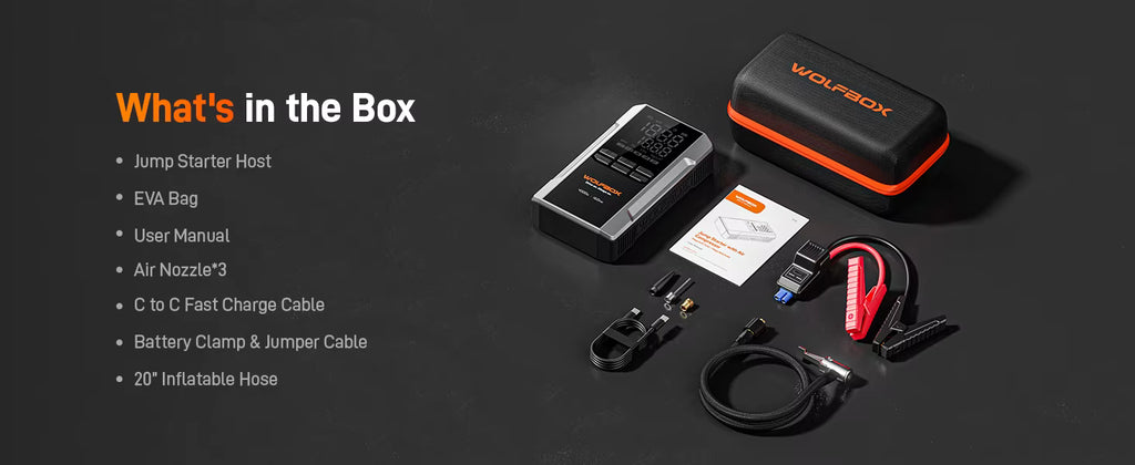 What's in the box Wolfpack jump starter kit with components on a black background