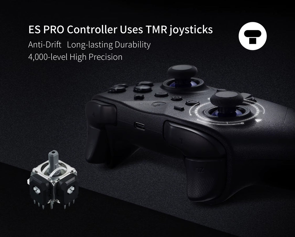 GuliKit ES Pro Controller in matte black finish highlighting TMR joystick technology. Promotional graphic shows anti‑drift, long‑lasting durability, and 4,000‑level high precision with close‑up of internal joystick component.