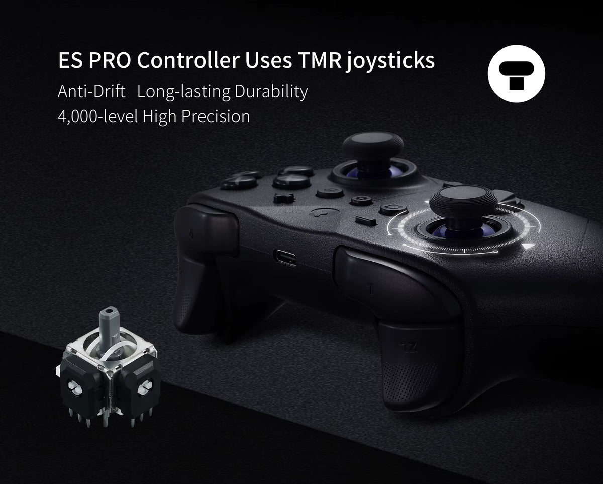 GuliKit ES Pro Controller in matte black finish highlighting TMR joystick technology. Promotional graphic shows anti‑drift, long‑lasting durability, and 4,000‑level high precision with close‑up of internal joystick component.