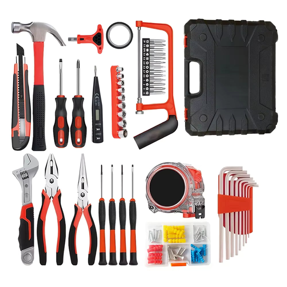 Complete 103-piece carbon steel hand tool set including hammer, pliers, screwdrivers, and saw