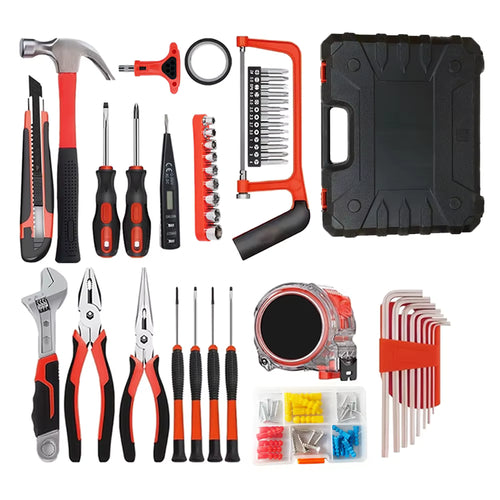 Complete 103-piece carbon steel hand tool set including hammer, pliers, screwdrivers, and saw