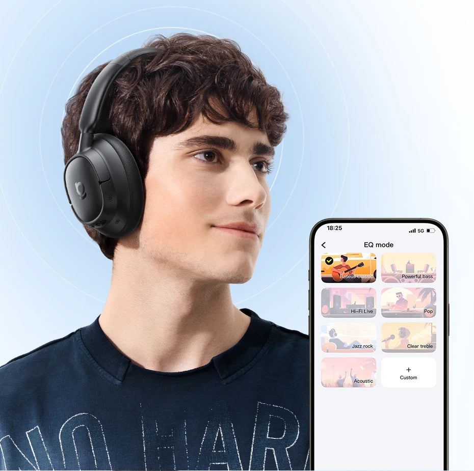 Person wearing black headphones with a smartphone displaying music app on a light blue background