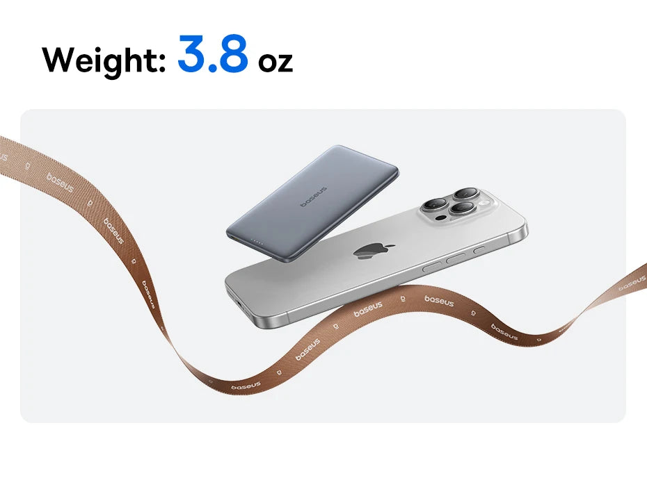 Baseus Thin Magnetic Wireless Power Bank 20W 5000mAh highlighting lightweight 3.8 oz build floating above iPhone device.