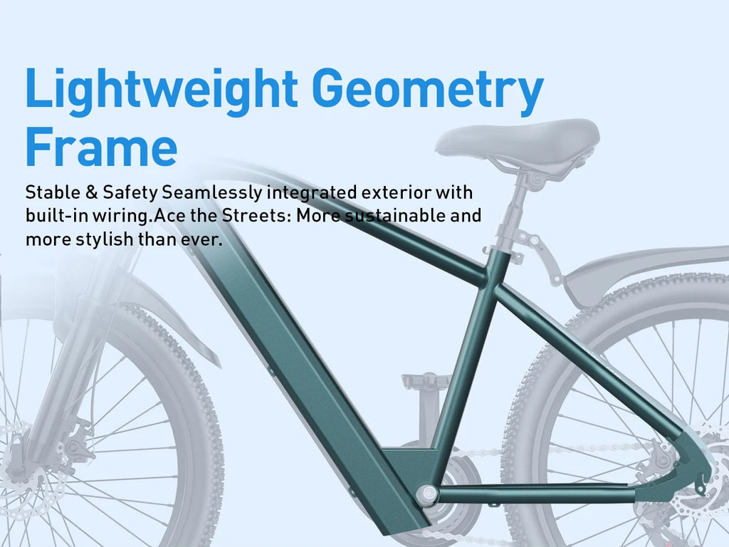Bicycle frame with text about lightweight geometry and sustainability on a blue background