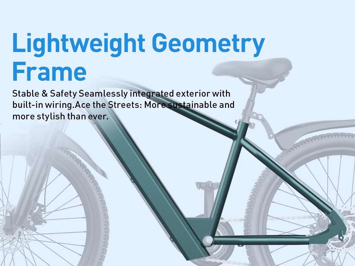 Bicycle frame with text about lightweight geometry and sustainability on a blue background