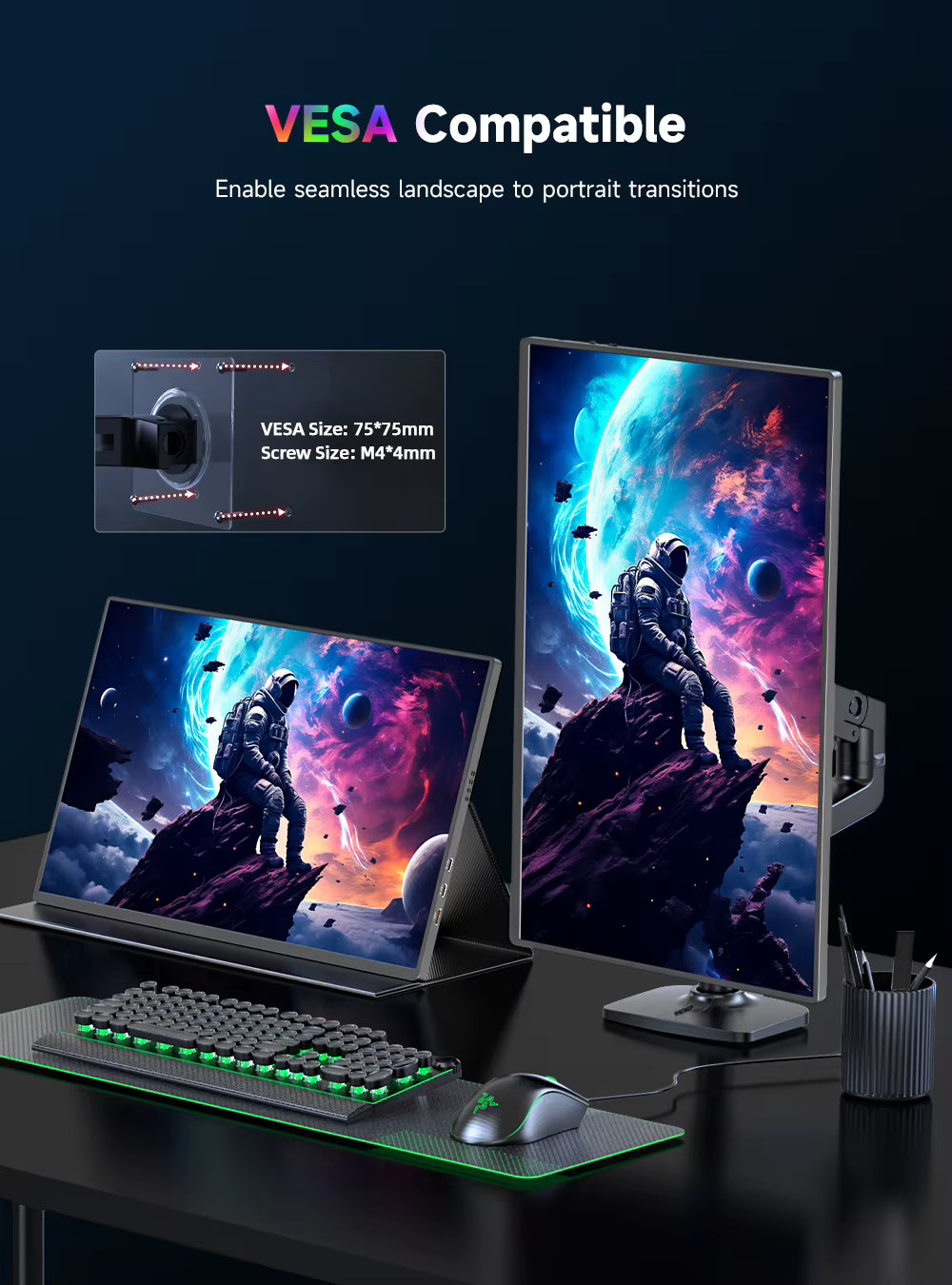 UPERFECT portable monitor setup demonstrating VESA mount compatibility and desktop arm integration