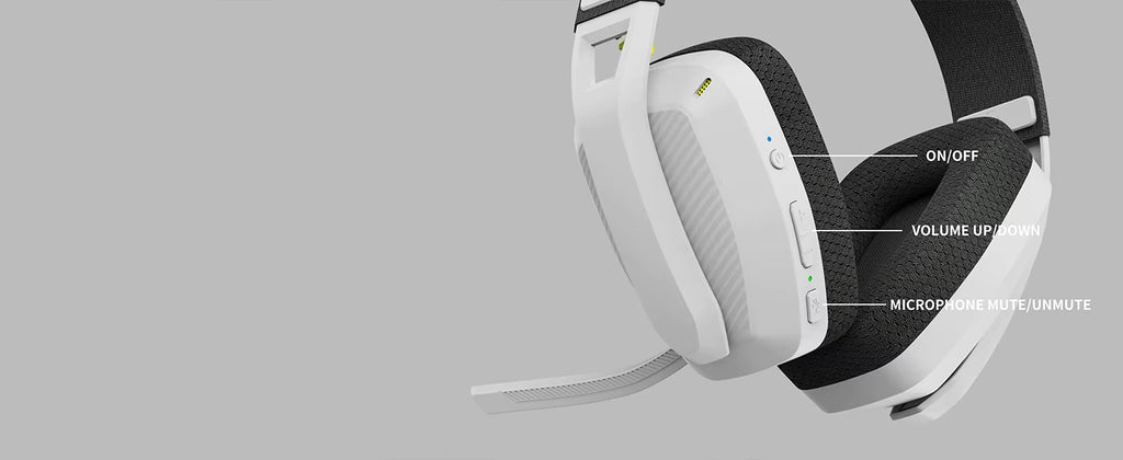 Close-up product view focusing on the integrated microphone boom and ear cup texture