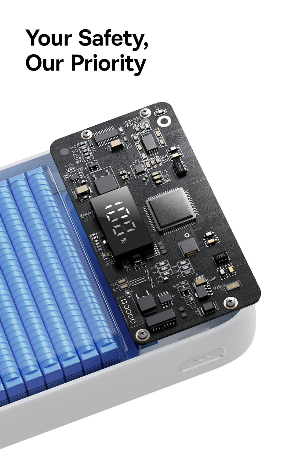Electrical power bank component with blue cylindrical parts and 'Your Safety, Our Priority' text on a white background