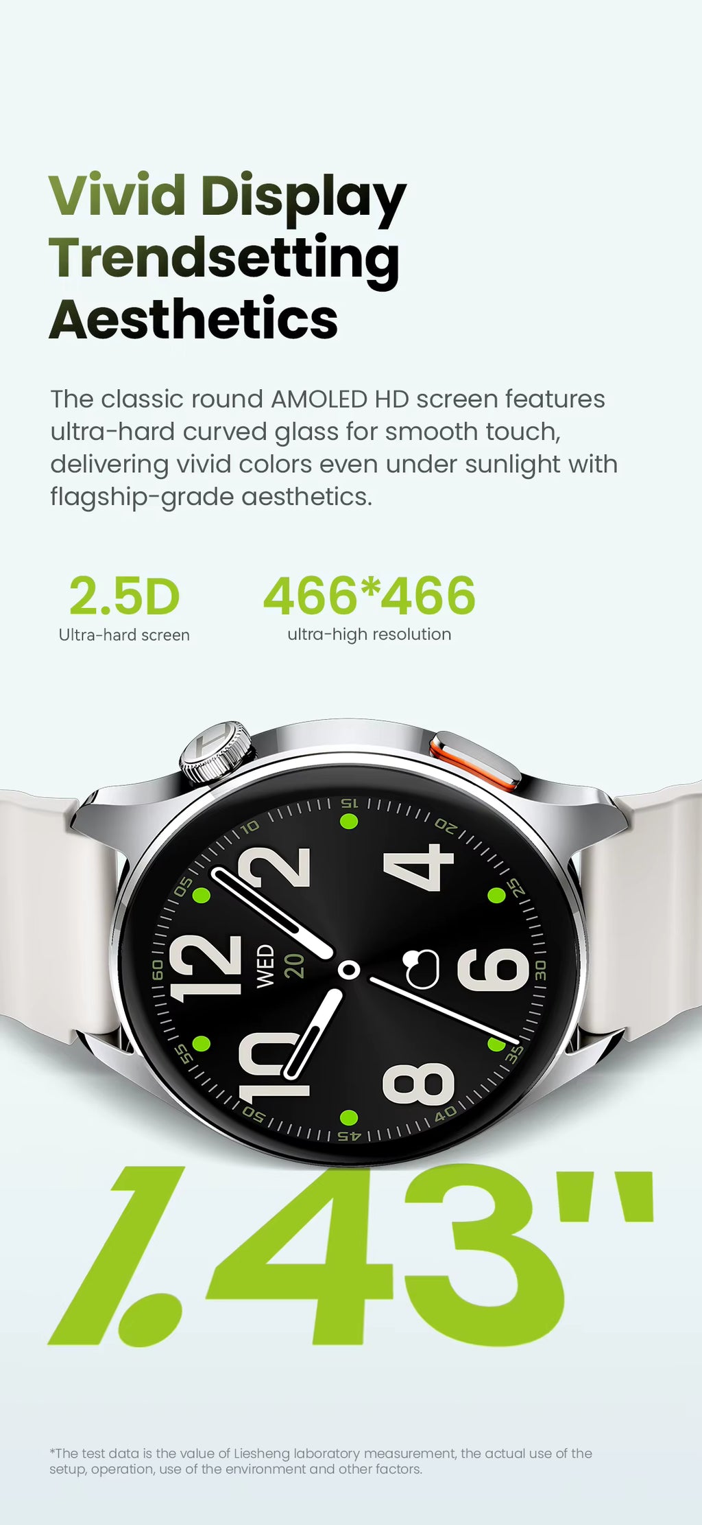 Promotional graphic for a Smart Watch Ultra, highlighting its vivid display and trendsetting aesthetics. The watch features a silver-toned metal case, a black face with white numerals and green accents, and a white band.