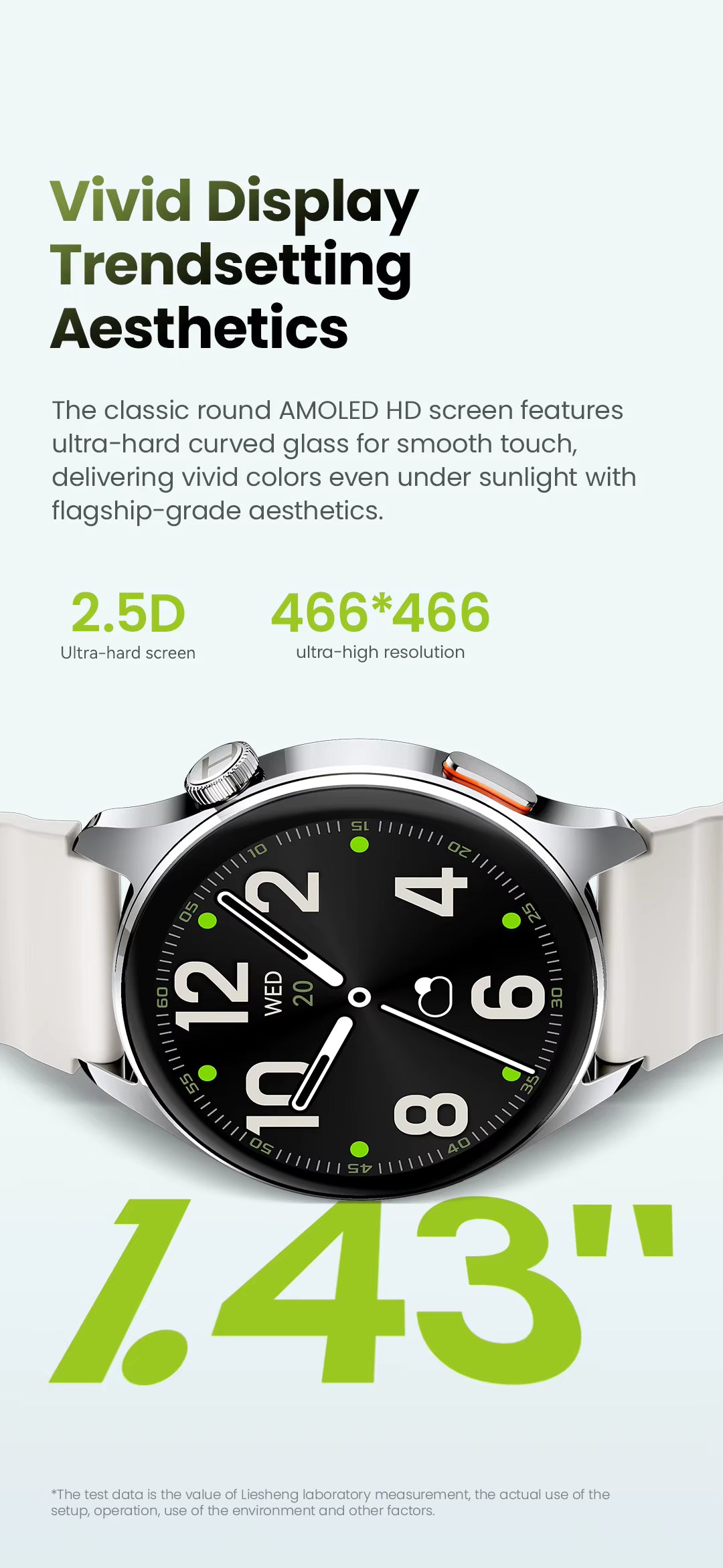Promotional graphic for a Smart Watch Ultra, highlighting its vivid display and trendsetting aesthetics. The watch features a silver-toned metal case, a black face with white numerals and green accents, and a white band.