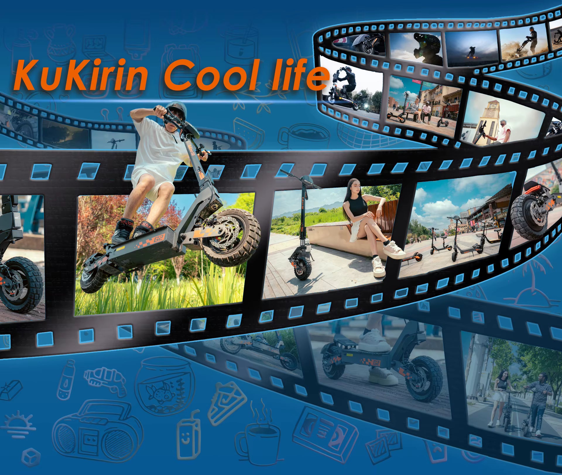 Promotional image with 'KuKirin Cool life' text and people using electric scooters on a blue background.