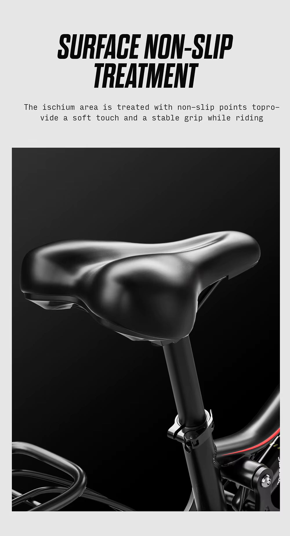 Bicycle seat with non-slip treatment feature on a black background