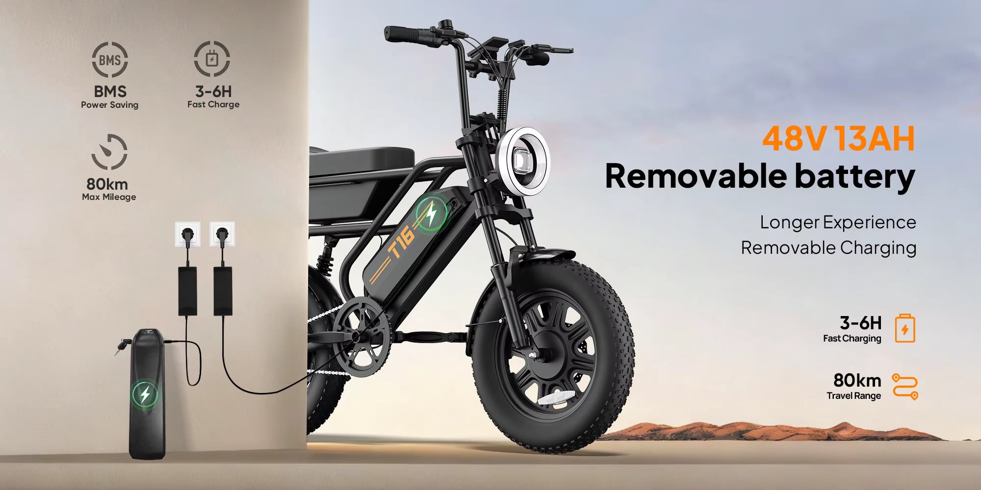 Detailed infographic view of the Urlife T16 electric bike showcasing the removable 48V 13Ah battery, demonstrating both in-frame and out-of-frame charging.