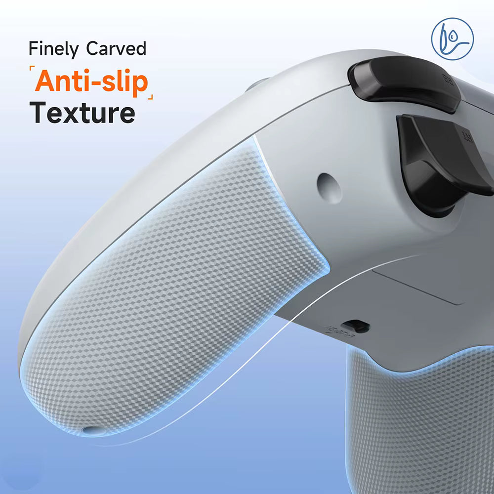 Close‑up of white controller grip showing carved anti‑slip texture with black triggers and blue highlight.