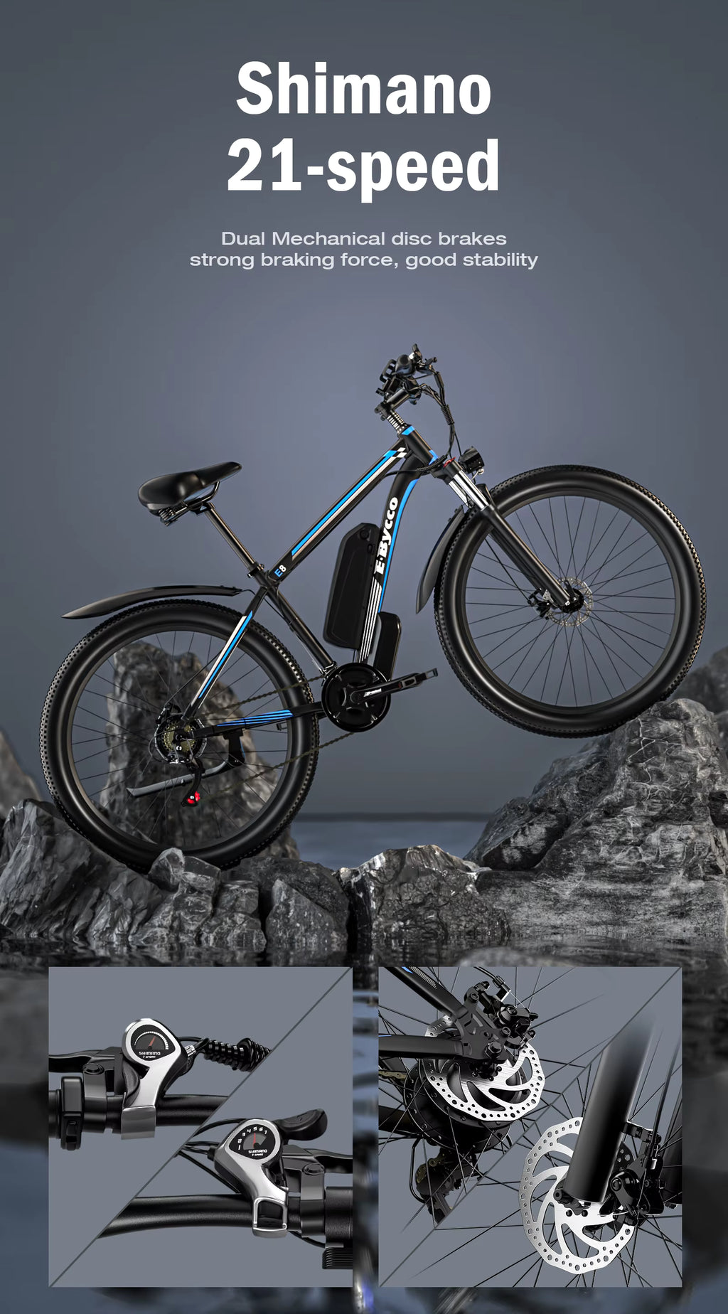 Shimano 21-speed electric bike with mountainous background